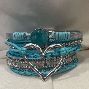 Bohemian Rhinestone Multilayer Love Heart Champagne Teal Stone Bracelet NEW 💙